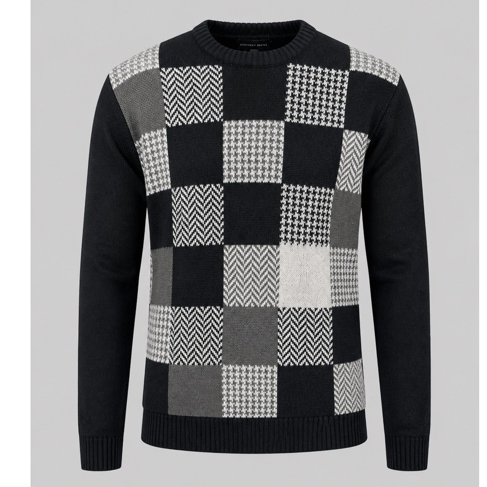 Geoffrey Beene Mens Black White Patchwork‎ Cotton Sweater G5F18030 Large NWT